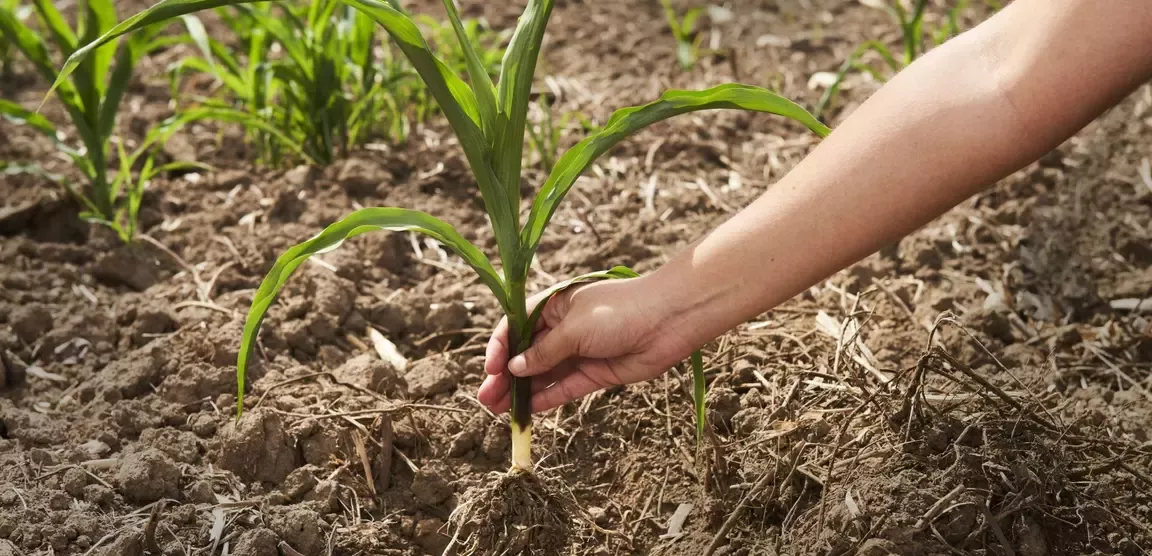 Mano arrancando una planta de una cosecha 