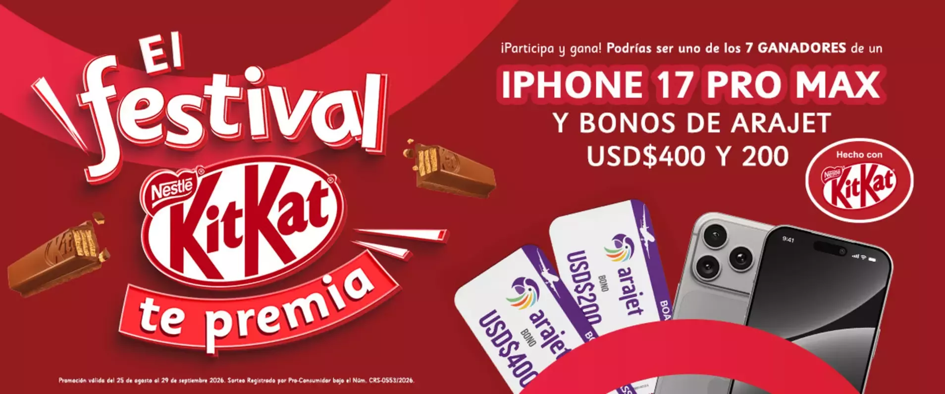 banner del festival kitkat presentando los premios que seria un iphone 17 pro max y bonos de arajet